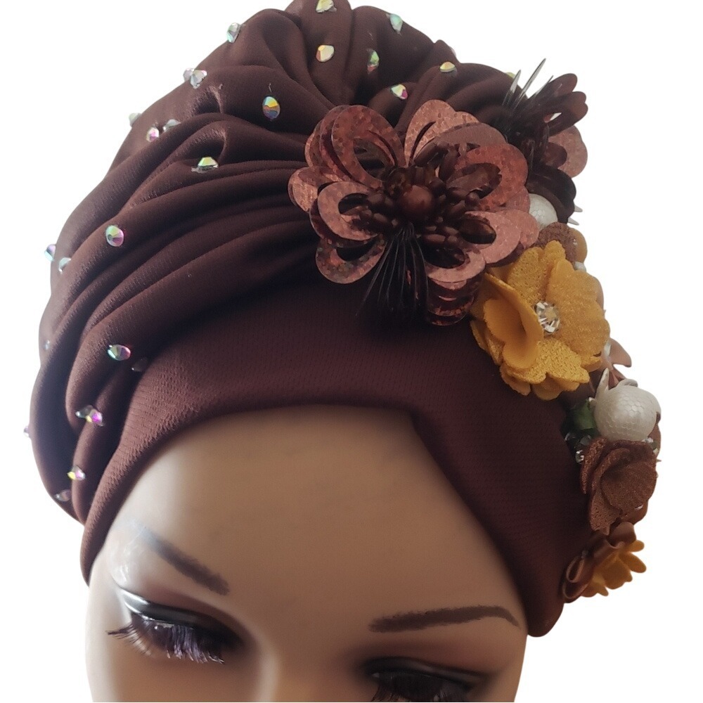 Elegant Brown Turban Headwrap Embellished with Rhinestones and Flowers for Women - Picture 5 of 8